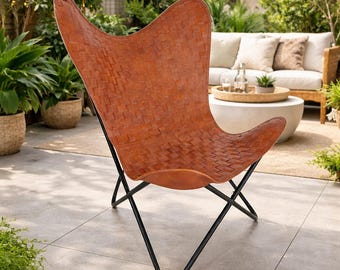 Woven Leather Butterfly Chair – Handmade Brown Accent Chair, Boho Patio Lounge Chair, Mid Century Modern Outdoor Furniture
