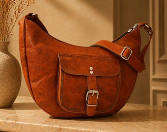Bruin lederen schoudertas handgemaakte geitenleer crossbody tas, vintage schoudertas vrouwen, hobo tas, dagelijks portemonnee cadeau