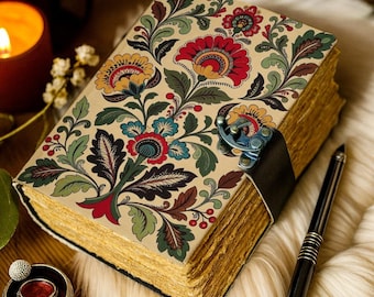 Cuaderno con candado de arte folclórico floral, cuaderno de cuero vintage, diario hecho a mano con candado, regalo de diario de escritura con estética bohemia