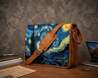 Bolso bandolera de piel con estampado de La noche estrellada, bolso cruzado inspirado en Van Gogh, bolso de hombro artístico, bolso de piel estampado, regalo para artistas.