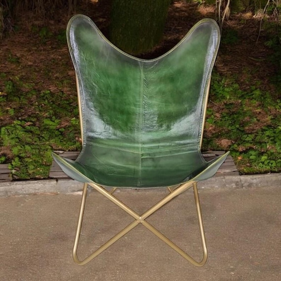 Green Leather Butterfly Chair – Handmade Accent Chair, Mid Century Modern Lounge Chair, Luxury Gold Frame Chair, Boho Living Room Furniture
