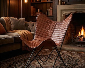 Leder Schmetterling Stuhl, Mid Century Modern Akzent Stuhl, Braun Lounge Chair, Boho Wohnzimmer Dekor, Housewarming Geschenk Möbel