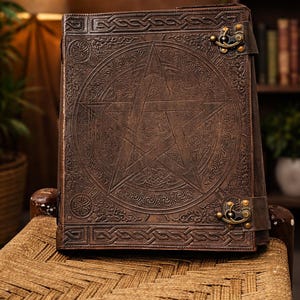 grimoire journal, spell book, book of shadows, pentagram journal, leather grimoire, gothic journal, witchcraft book, antique journal, large leather book, embossed leather, magic notebook, pagan journal, witch gift