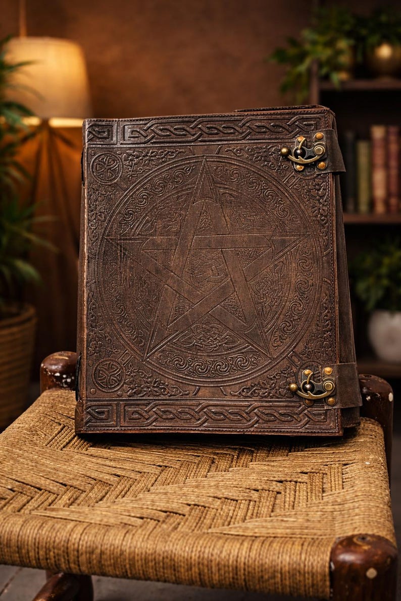 grimoire journal, spell book, book of shadows, pentagram journal, leather grimoire, gothic journal, witchcraft book, antique journal, large leather book, embossed leather, magic notebook, pagan journal, witch gift