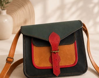 Colorful Leather Crossbody Bag for Women, Handmade Shoulder Purse, Vintage Messenger Bag, Boho Leather Handbag Everyday Satchel Gift for Her