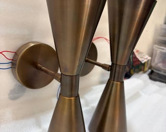 Handmade Double Cone Wall Sconce | Mid Century Brass Vanity Light | Modern Bathroom Wall Fixture