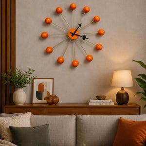 May include: A sunburst wall clock featuring a central orange circular hub with twelve thin gold-toned metal spokes extending outwards, each tipped with a smooth orange sphere. The clock has two black hands and a black circular indicator.