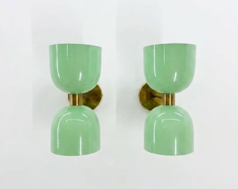 Green Brass Wall Sconce Double Light | Mid Century Modern Wall Lamp | Handmade Raw Brass Cone Shade Light | Luxury Wall Fixture