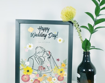 Hochzeitsportrait personalisiert mit gepressten Blumen, Geschenk (8x10 Frame Wall Art)