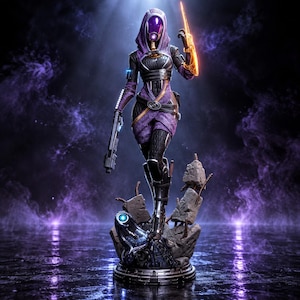 May include: A collectible figurine of a humanoid character wearing a purple hooded suit with black armor plating, holding a firearm in one hand and a glowing orange energy blade in the other, standing on a base of broken concrete and debris.