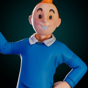 May include: A figurine of a cartoon character with bright orange hair styled in a signature quiff, wearing a blue long-sleeved sweater with a white collar. The character has a smiling expression with black eyes and eyebrows, set against a dark background.