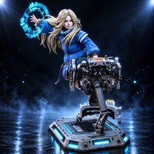 May include: A blonde figurine wearing a blue puffer jacket, positioned on a mechanical platform with a metallic base. The figure has one hand raised, projecting a glowing blue circular light effect, while the other hand rests on the machinery.