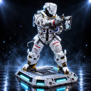 May include: A detailed action figure of a futuristic astronaut in a white, black, and gold armored spacesuit, holding a mechanical rifle. The figure stands on a hexagonal base with glowing blue lights, featuring intricate paneling and red accents.