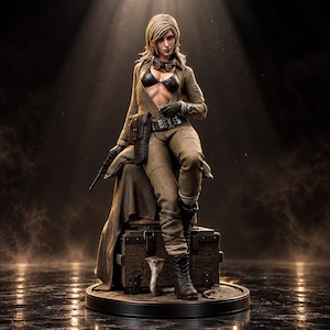 May include: A detailed figurine of a blonde character wearing a tan jumpsuit, black bikini top, and goggles around the neck. The character holds a small pistol, wears dark gloves and boots, and sits on a wooden crate with a cobra snake nearby.