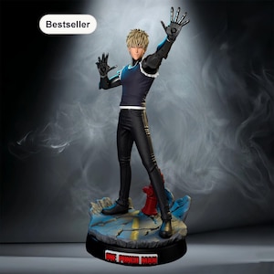 May include: A Genos figurine from One Punch Man featuring a blonde character with mechanical arms, a dark blue shirt, and black pants. The figure stands on a cracked road base with a red fire hydrant, and the base displays the text One Punch Man.