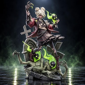 Pode incluir: Uma figura colecionável detalhada apresentando um personagem com cabelo loiro em coques, vestindo uma jaqueta vermelha e saia xadrez, sobre uma base de cemitério com duas figuras pálidas de garras e chamas verdes brilhantes.