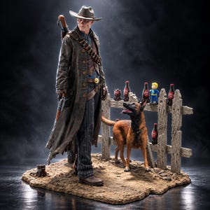 Può includere: Un set di statuette da collezione dettagliato che raffigura un pistolero logoro con cappotto lungo, cappello e pantaloni gessati, che impugna un revolver. Accanto alla figura si trovano un cane marrone e una staccionata in legno con bottigliette.