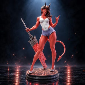 Può includere: Una statuetta di demone dalla pelle rossa con corna, orecchie a punta e coda, che indossa una canotta bianca e pantaloncini di jeans blu. La figura impugna una grande spada avvolta e poggia su una base circolare con segni arancioni luminosi.