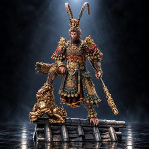May include: A detailed figurine of a monkey warrior wearing ornate gold and dark armour with red accents. The figure stands on a dark tiled roof base, holding a long staff, with one foot resting on a gold lion statue against a dark background.