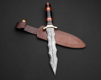 Custom Damascus Steel Kris Dagger, 16- Handmade Double Edge Knife, Fire Pattern Blade, Resin Handle, Engraved Gift, Leather Sheath