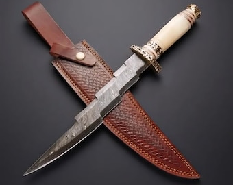 Custom Damascus Steel Bolt Bowie  Dagger, 16- Handmade Zig Zag Knife, Fire Pattern Blade, Bone Handle, Engraved Gift, Leather Sheath