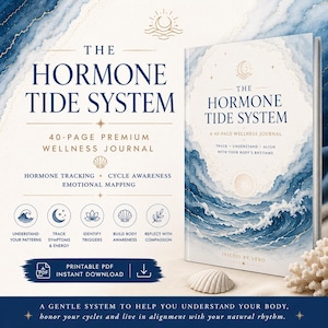 Puede incluir: Un diario de bienestar de 40 páginas titulado The Hormone Tide System, con una ilustración de olas oceánicas azules y blancas en la portada. El texto incluye seguimiento hormonal, conciencia del ciclo y mapeo emocional en formato PDF.