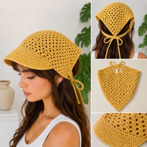 Patrón de gorro tipo bandana de ganchillo, pañuelo de verano para la cabeza, visera tipo bandana, gorro de malla tipo bandana para el sol, instrucciones de ganchillo en PDF de nivel intermedio con vídeo.