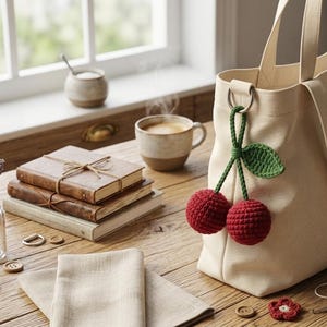 Puede incluir: Un bolso tote de lona color crema con un colgante de cerezas hecho a ganchillo. El colgante consta de dos esferas rojas texturizadas unidas a tallos verdes y una hoja verde, suspendido de una anilla de metal plateado en el asa del bolso.