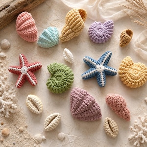 May include: A collection of various crocheted sea life items including starfish, spiral shells, and bivalve shells in shades of pink, blue, yellow, green, and purple, arranged alongside small natural seashells and pieces of white coral.