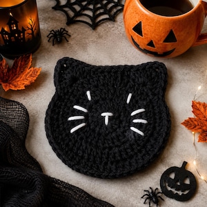 Häkelanleitung für Halloween-Katzenuntersetzer, Glücksklee-Deko, gruseliger Häkeluntersetzer, niedlicher schwarzer Katzen-Tassenuntersetzer, PDF-Anleitung für Katzenuntersetzer