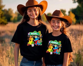 Custom Kids Birthday Shirt, Personalized Cartoon Party Tee, Sibling Matching Top, Cute Retro Graphic Tee, Custom Name Age T-Shirt
