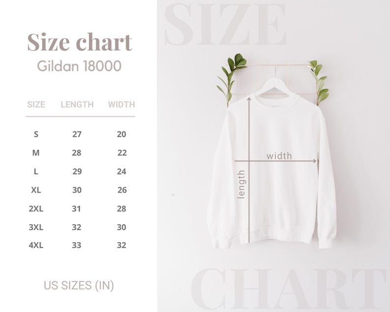 May include: A white Gildan 18000 sweatshirt displayed on a hanger with a size chart showing measurements in inches. The chart lists sizes S through 4XL with corresponding length and width dimensions, and arrows indicate how to measure the garment.