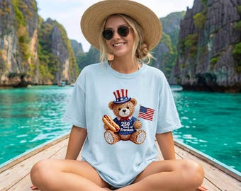 USA 250th anniversary shirt, 250 Years of Freedom Teddy Bear Shirt, Patriotic Bling 4th of July Tee, Uncle Sam Hat USA Sestercentennial Top