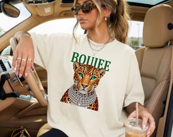 Boujee Leopard Graphic Tee, Oversized Cheetah Shirt with Bling, Green Lettering Animal Print T-Shirt, Aesthetic Streetwear Gift