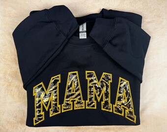 Mama Embroidered Sweatshirt, Sequin Tiger Print Mama Crewneck, Varsity Style Mama Sweater