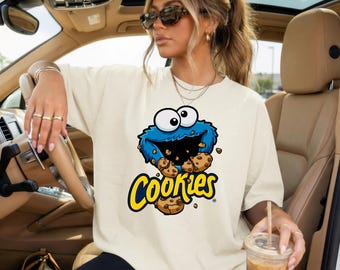 Funny Blue Monster Cookie Shirt, Nostalgic Snack Lover Tee, Retro Cartoon Graphic Top, Cute Oversized T-Shirt, Foodie Gift