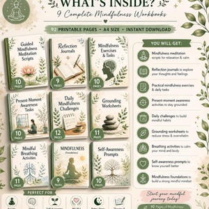 Puede incluir: Imagen de nueve cuadernos de mindfulness, con títulos como "Ejercicios y tareas de mindfulness" y "Diarios de reflexión". Los cuadernos son de tamaño A4 y contienen 92 páginas imprimibles. La imagen destaca beneficios como la reducción del estrés.