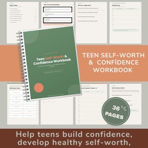 May include: A spiral-bound workbook titled Teen Self-Worth & Confidence Workbook with a green cover, orange circle, and white text. The image displays multiple interior pages including a gratitude log, affirmation cards, and a 36-page indicator.