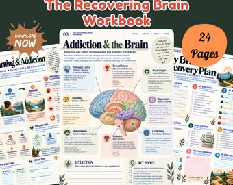 May include: A 24-page digital workbook titled The Recovering Brain Workbook, featuring educational infographics about addiction and the brain, including diagrams of brain anatomy, reflection prompts, and a recovery plan.
