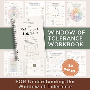 May include: A spiral-bound workbook titled The Window of Tolerance with a cream cover featuring a line drawing of an open window. The workbook is displayed alongside several interior pages including a Safe People Map, Emotion Wheel, and Action Plan.
