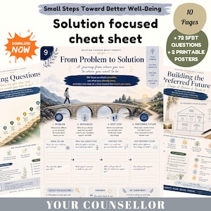 May include: A solution-focused cheat sheet set featuring 10 pages of therapy resources. The documents include 72 questions and 2 printable posters with titles like From Problem to Solution and Building the Preferred Future, using illustrations of bridges and blueprints.