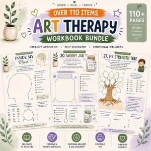 Puede incluir: Un paquete de cuadernos de arteterapia con más de 110 páginas de actividades creativas, autodescubrimiento y bienestar emocional. La portada muestra tres páginas de muestra tituladas Inside My Mind, Worry Jar y My Strength Tree con dibujos.