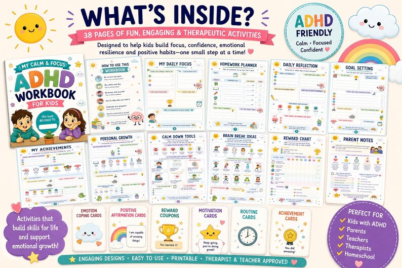 ADHD Workbook for Kids Printable Bundle | Calm Down Cards, Parent Guide ...