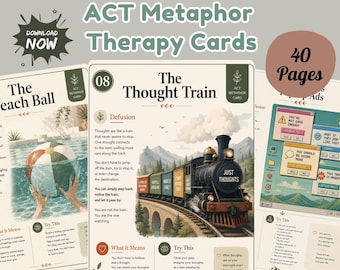 ACT Metaphor Therapy Cards, Psychological Flexibility, Cognitive Defusion, Acceptance Commitment Worksheets, 40 Printable Tools