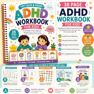 ADHD-arbetsbok för barn, utskrivbart paket | Lugnandekort, föräldraguide, belöningsklistermärken, aktiviteter för exekutiva funktioner