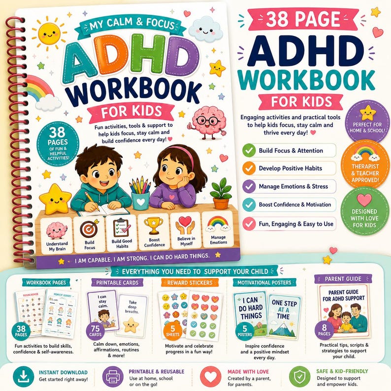 ADHD Workbook for Kids Printable Bundle | Calm Down Cards, Parent Guide ...