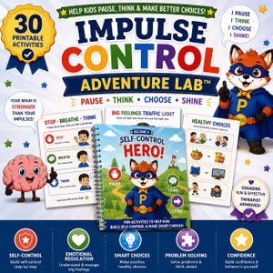May include: A spiral-bound activity book titled Become a Self-Control Hero featuring a cartoon fox superhero. The set includes 30 printable activities, a brain character, and educational worksheets with text like Pause, Think, Choose, and Shine.