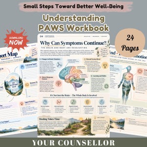 May include: A 24-page digital workbook titled Understanding PAWS Workbook, featuring educational content on Post-Acute Withdrawal Syndrome. The pages include diagrams of the human brain and body, checklists, and support maps with mountain illustrations.