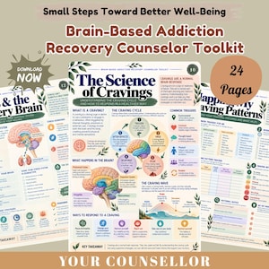 May include: A 24-page brain-based addiction recovery counselor toolkit featuring educational infographics. The central document is titled The Science of Cravings, detailing the craving cycle, brain anatomy, and response strategies.