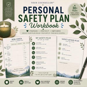 May include: A Personal Safety Plan workbook featuring 30+ pages of tools, guides, and worksheets. The cover displays the title, sections for risk checks, safety plans, and action plans, decorated with green leaf illustrations and mountain graphics.